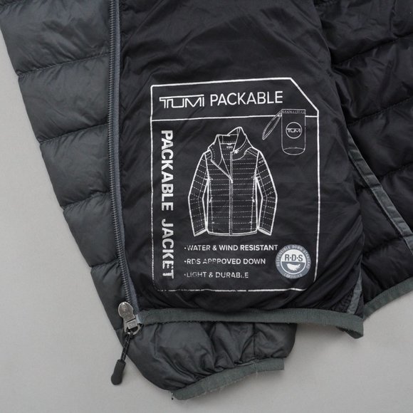 Tumi Jackets & Coats Tumi Packable Down Puffer Jacket Mens Size S Gray Hooded Travel Rds